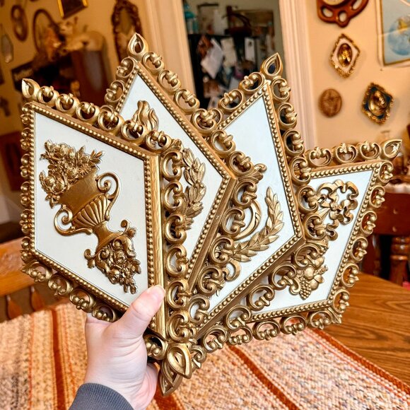 4 Vintage Hollywood Regency Homco Diamond Floral and Gold Ornate Wall Plaques - Picture 1 of 9